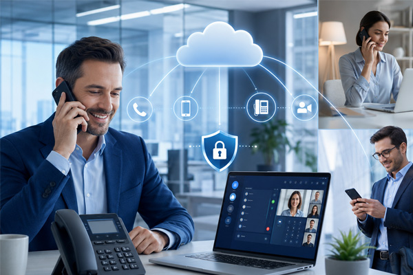 Person nutzt Cloud-Telefonanlage am Laptop